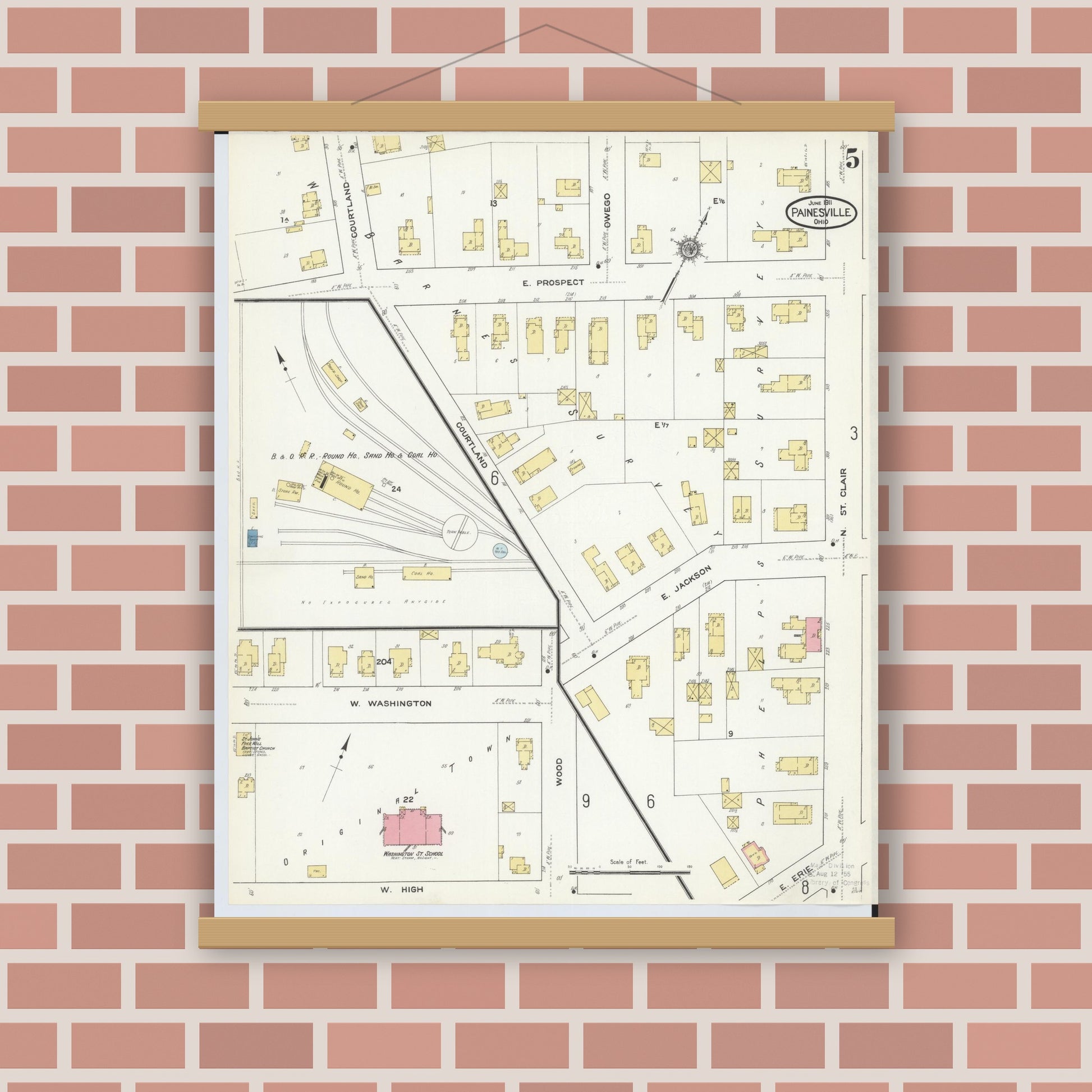 Old map wall art mockup — magnetic wood frame on brick wall — Sanborn Fire Insurance Map from Painesville, Lake County, Ohio (1911), Sheet #0005