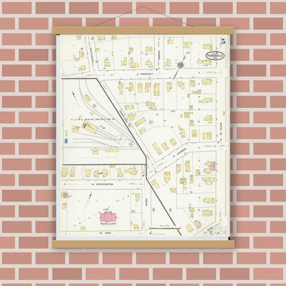 Old map wall art mockup — magnetic wood frame on brick wall — Sanborn Fire Insurance Map from Painesville, Lake County, Ohio (1911), Sheet #0005