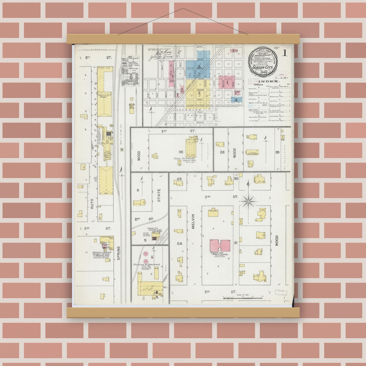 Old map wall art mockup — magnetic wood frame on brick wall — Sanborn Fire Insurance Map from Gibson City, Ford County, Illinois (1892), Sheet #0001