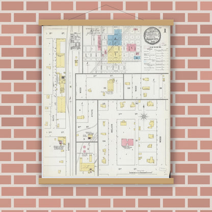 Old map wall art mockup — magnetic wood frame on brick wall — Sanborn Fire Insurance Map from Gibson City, Ford County, Illinois (1892), Sheet #0001