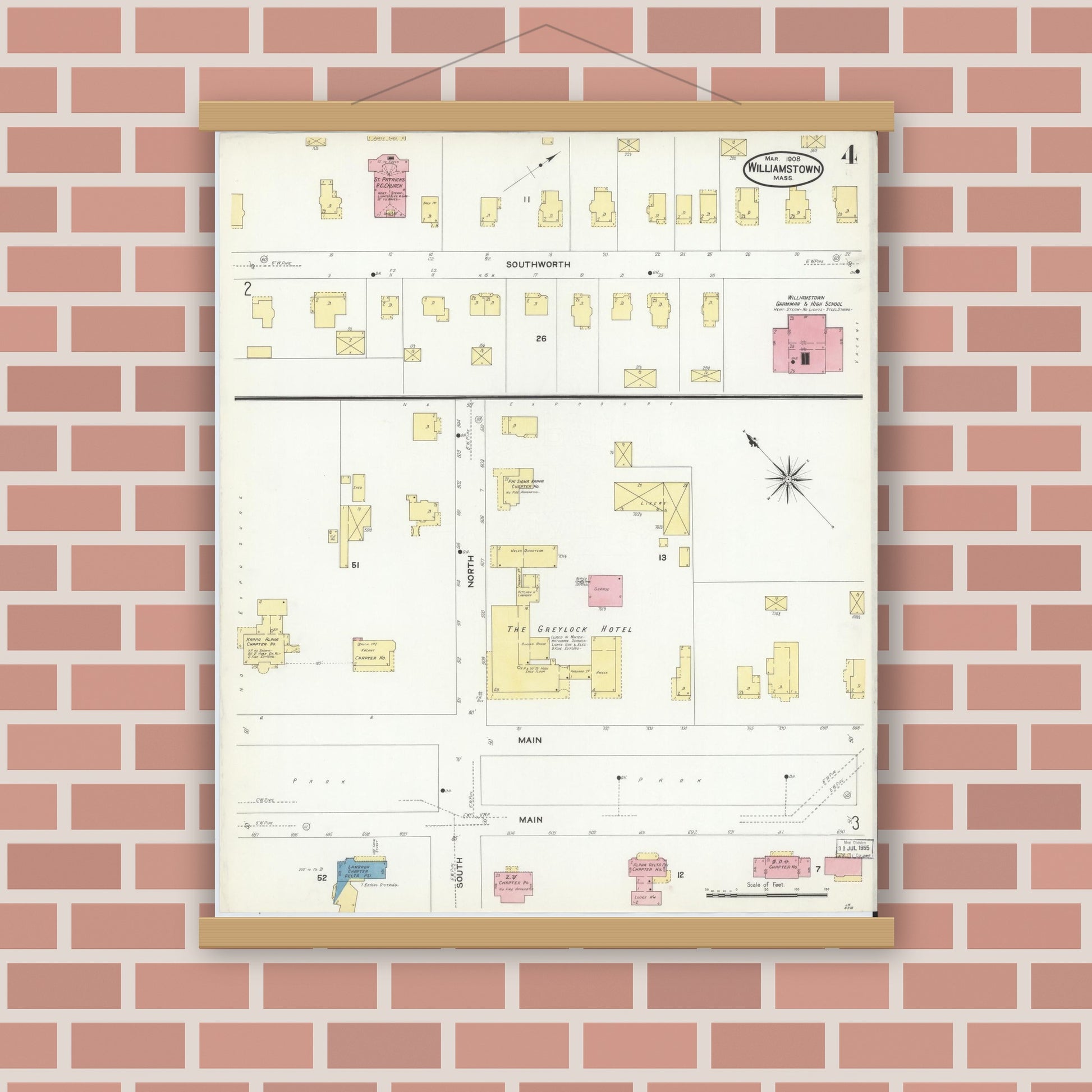 Old map wall art mockup — magnetic wood frame on brick wall — Sanborn Fire Insurance Map from Williamstown, Berkshire County, Massachusetts (1908), Sheet #0004