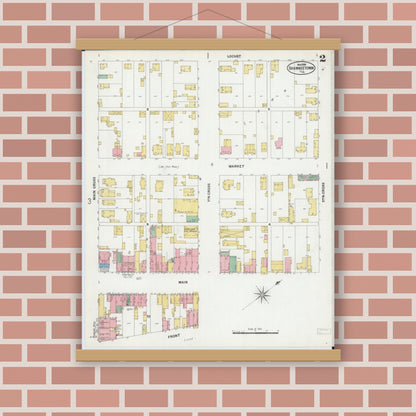 Old map wall art mockup — magnetic wood frame on brick wall — Sanborn Fire Insurance Map from Shawneetown, Gallatin County, Illinois (1899), Sheet #0002