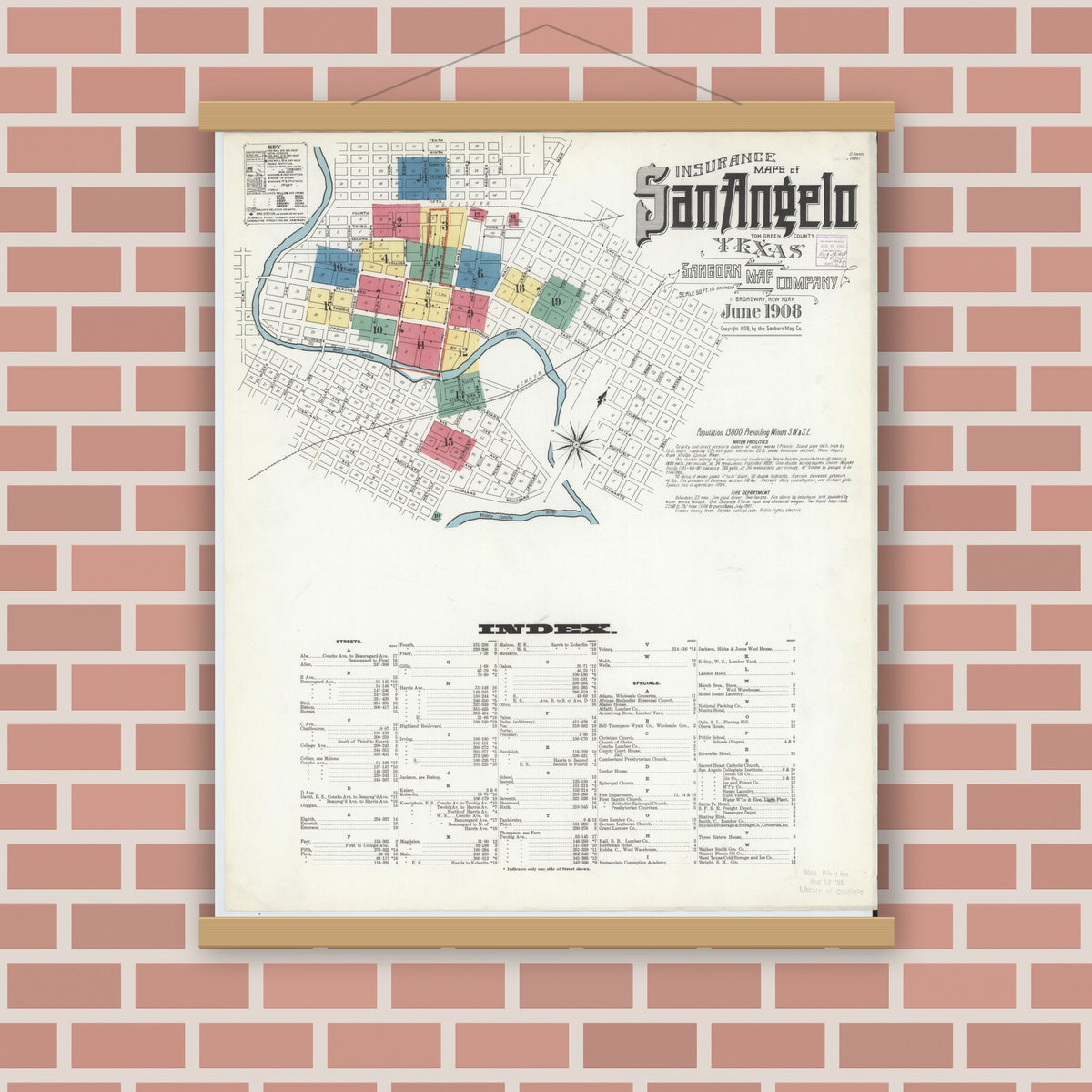 Old map wall art mockup — magnetic wood frame on brick wall — Sanborn Fire Insurance Map from San Angelo, Tom Green County, Texas (1908), Sheet #0001