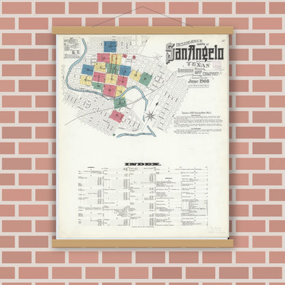 Old map wall art mockup — magnetic wood frame on brick wall — Sanborn Fire Insurance Map from San Angelo, Tom Green County, Texas (1908), Sheet #0001
