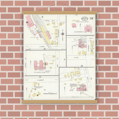 Old map wall art mockup — magnetic wood frame on brick wall — Sanborn Fire Insurance Map from Raleigh, Wake County, North Carolina (1909), Sheet #0034