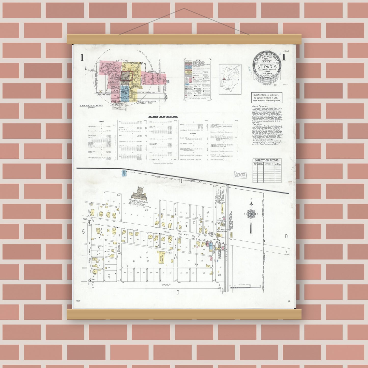 Old map wall art mockup — magnetic wood frame on brick wall — Sanborn Fire Insurance Map from Saint Paris, Champaign County, Ohio (1948) - Complete Map Set