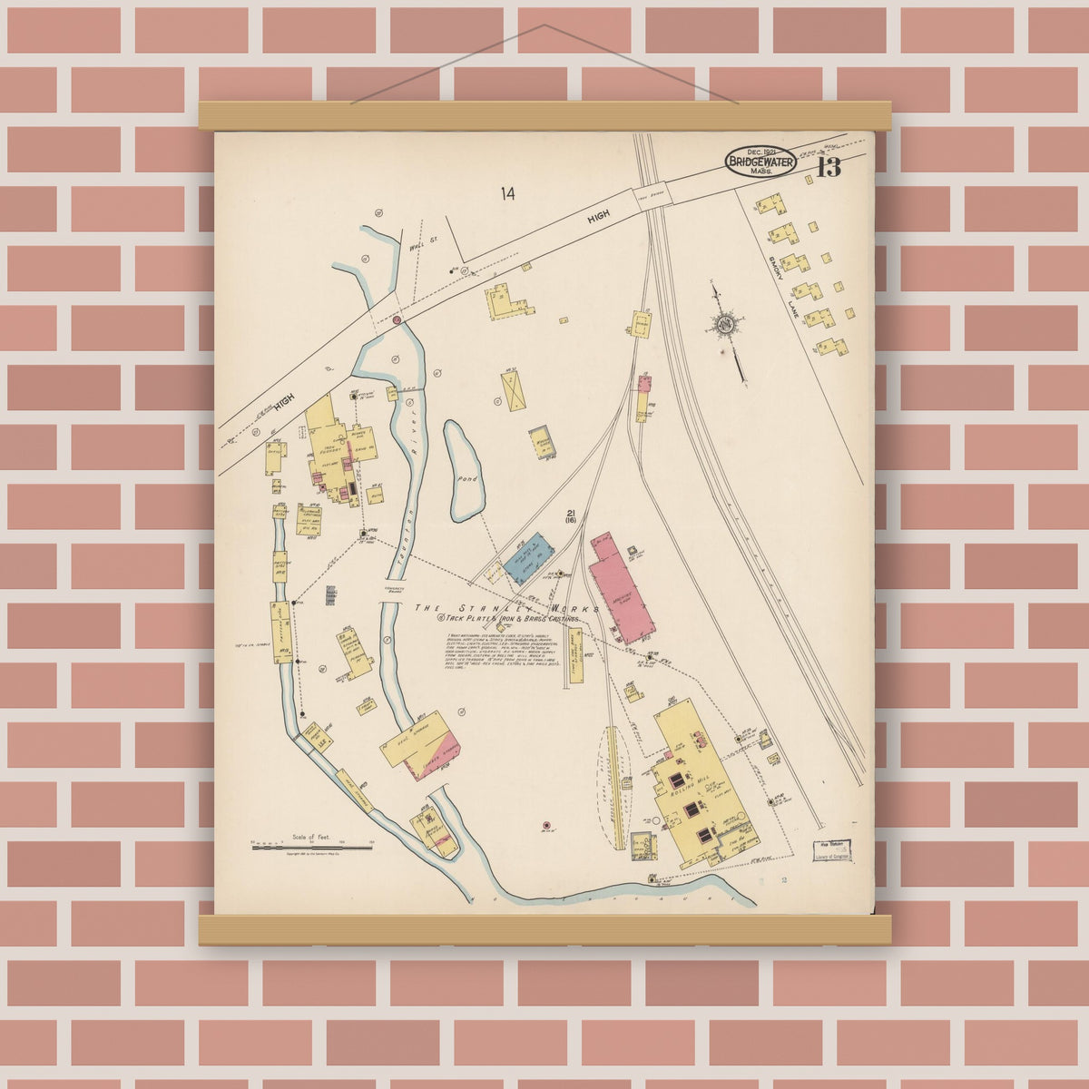 Old map wall art mockup — magnetic wood frame on brick wall — Sanborn Fire Insurance Map from Bridgewater, Plymouth County, Massachusetts (1921), Sheet #0013