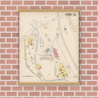 Old map wall art mockup — magnetic wood frame on brick wall — Sanborn Fire Insurance Map from Bridgewater, Plymouth County, Massachusetts (1921), Sheet #0013