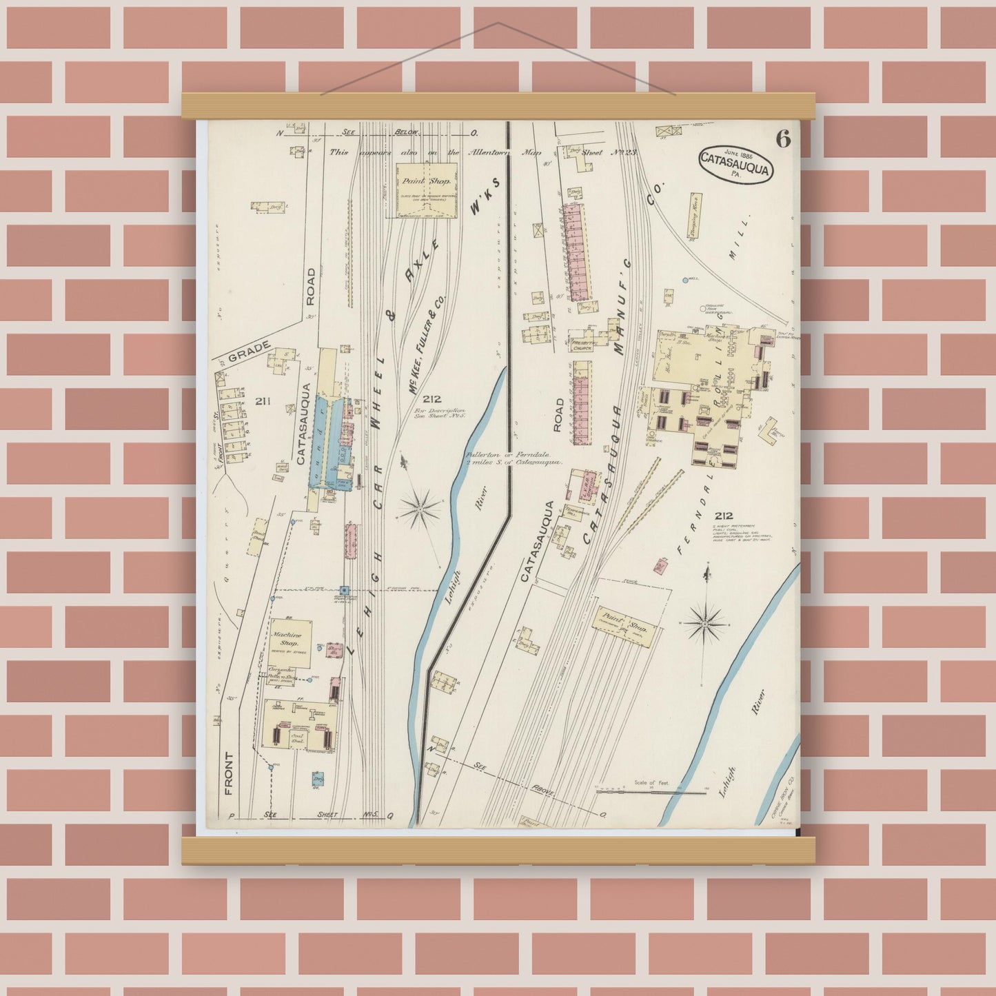 Old map wall art mockup — magnetic wood frame on brick wall — Sanborn Fire Insurance Map from Catasauqua, Lehigh County, Pennsylvania (1885), Sheet #0006