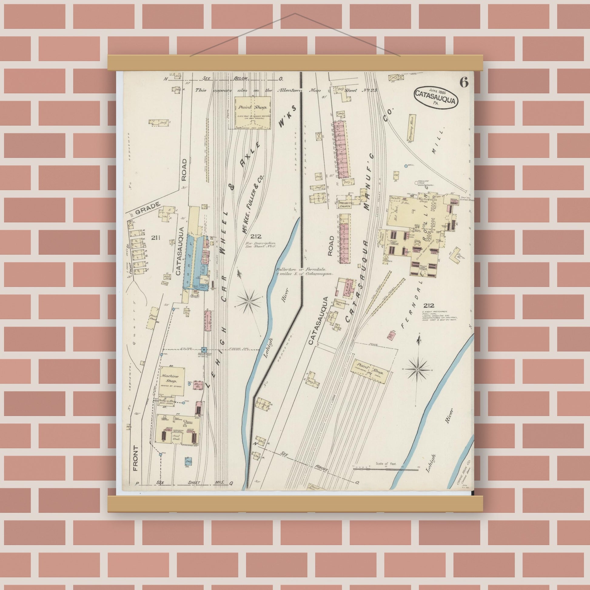 Old map wall art mockup — magnetic wood frame on brick wall — Sanborn Fire Insurance Map from Catasauqua, Lehigh County, Pennsylvania (1885), Sheet #0006