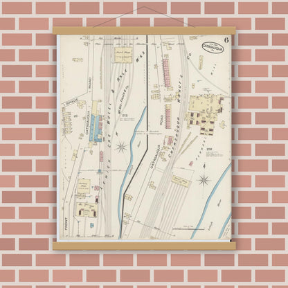 Old map wall art mockup — magnetic wood frame on brick wall — Sanborn Fire Insurance Map from Catasauqua, Lehigh County, Pennsylvania (1885), Sheet #0006
