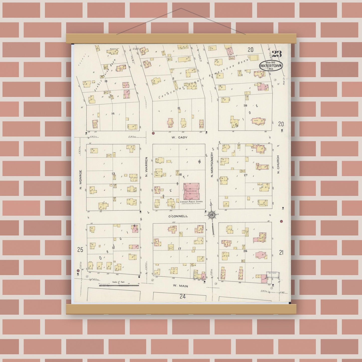 Old map wall art mockup — magnetic wood frame on brick wall — Sanborn Fire Insurance Map from Watertown, Jefferson County, Wisconsin (1915), Sheet #0024