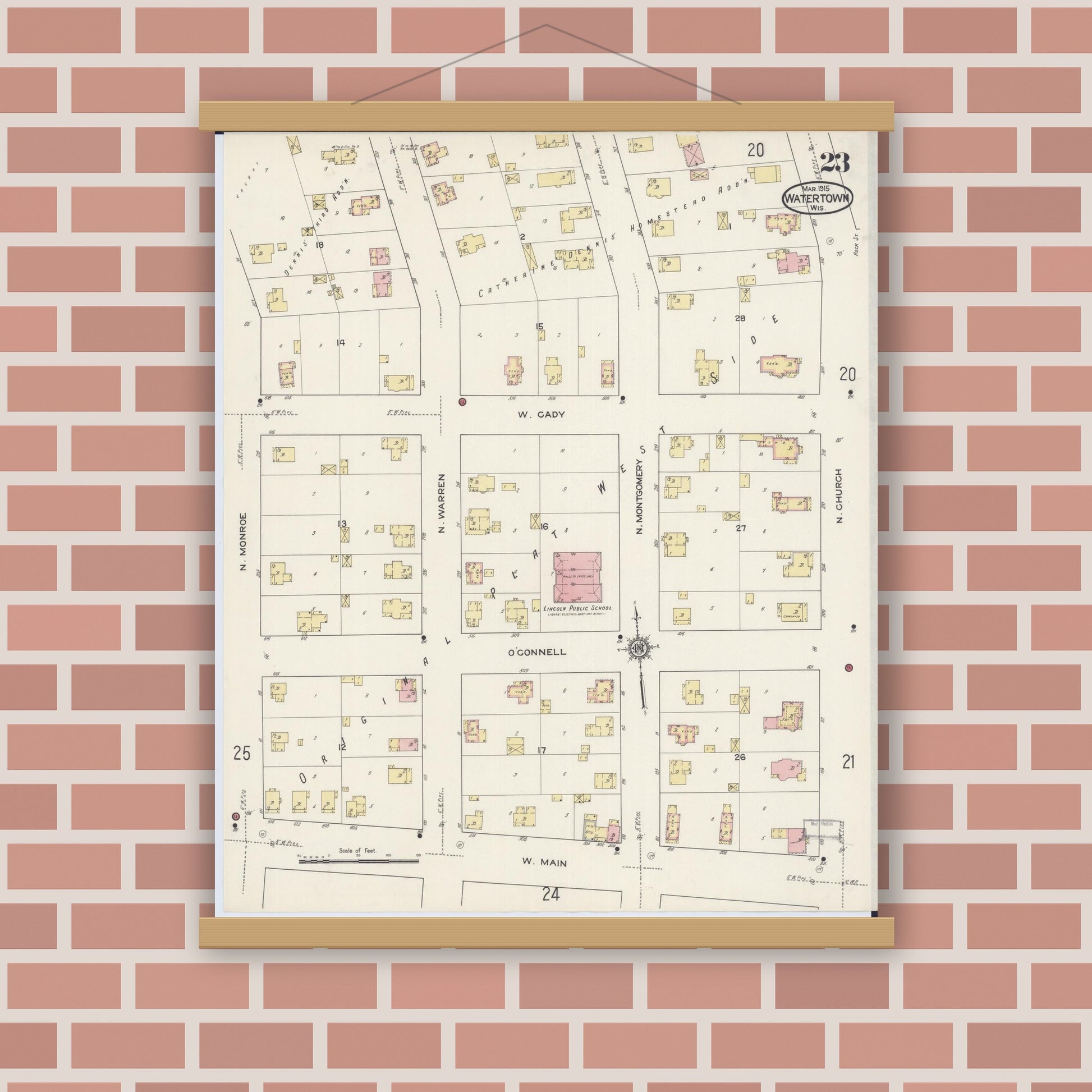 Old map wall art mockup — magnetic wood frame on brick wall — Sanborn Fire Insurance Map from Watertown, Jefferson County, Wisconsin (1915), Sheet #0024