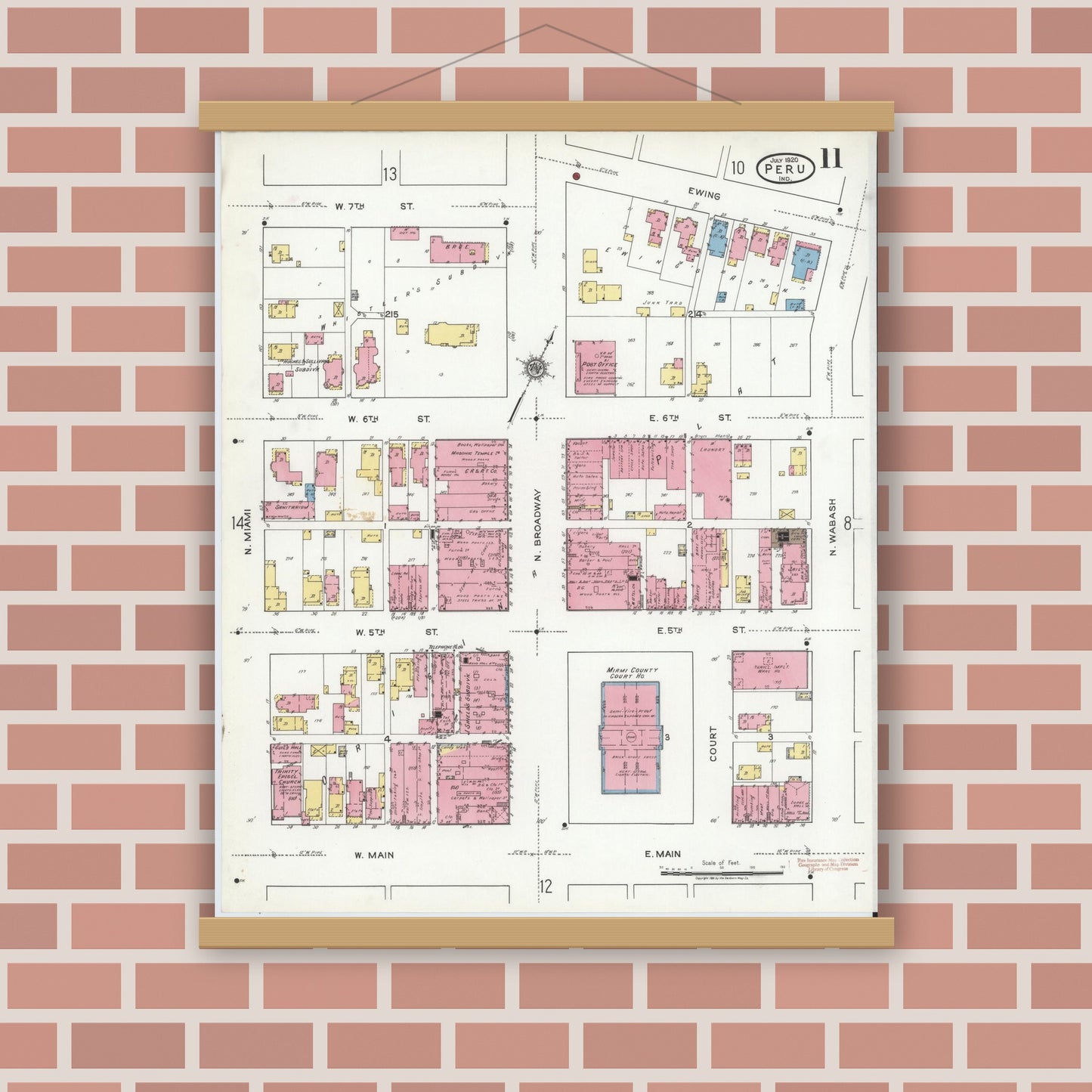 Old map wall art mockup — magnetic wood frame on brick wall — Sanborn Fire Insurance Map from Peru, Miami County, Indiana (1920), Sheet #0011