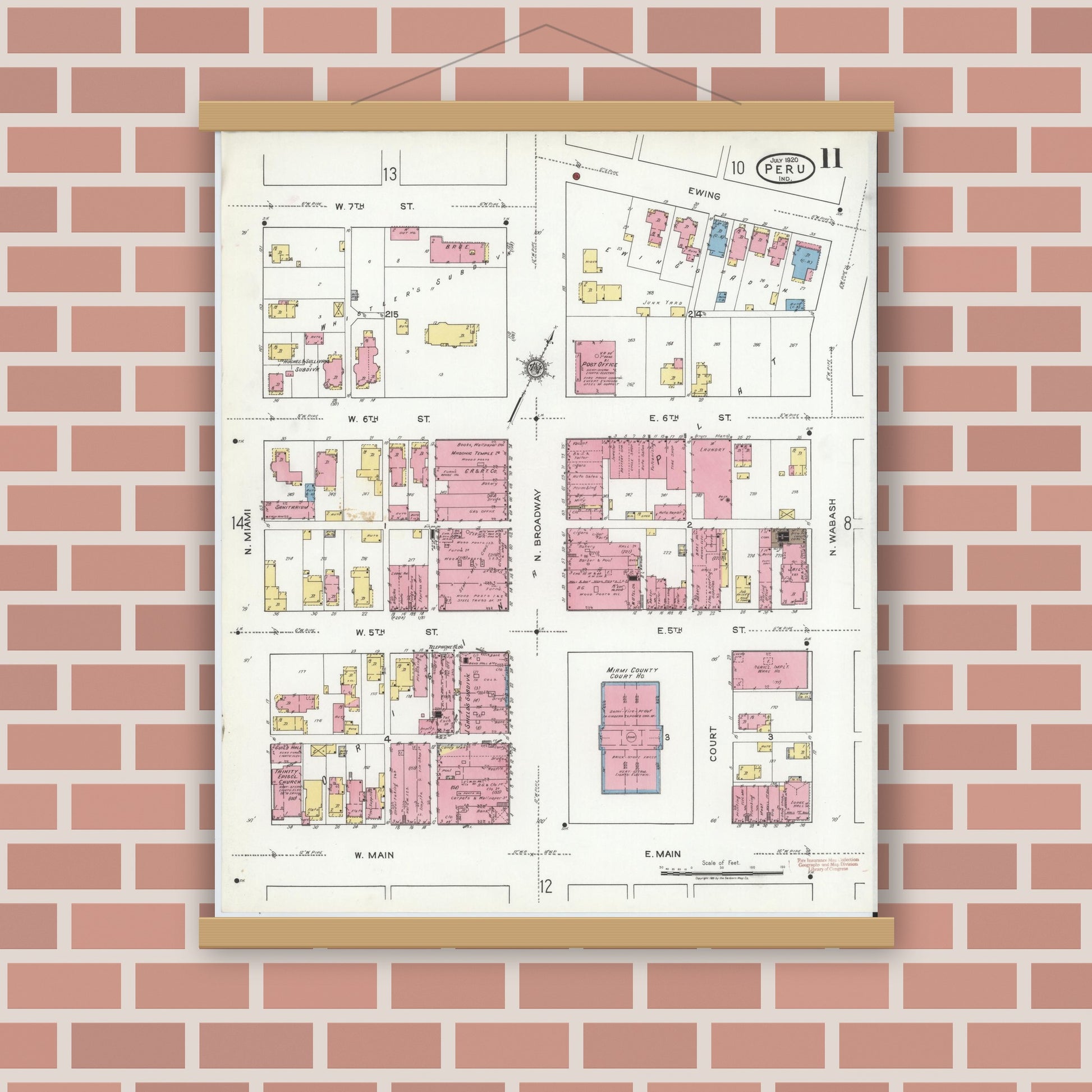 Old map wall art mockup — magnetic wood frame on brick wall — Sanborn Fire Insurance Map from Peru, Miami County, Indiana (1920), Sheet #0011