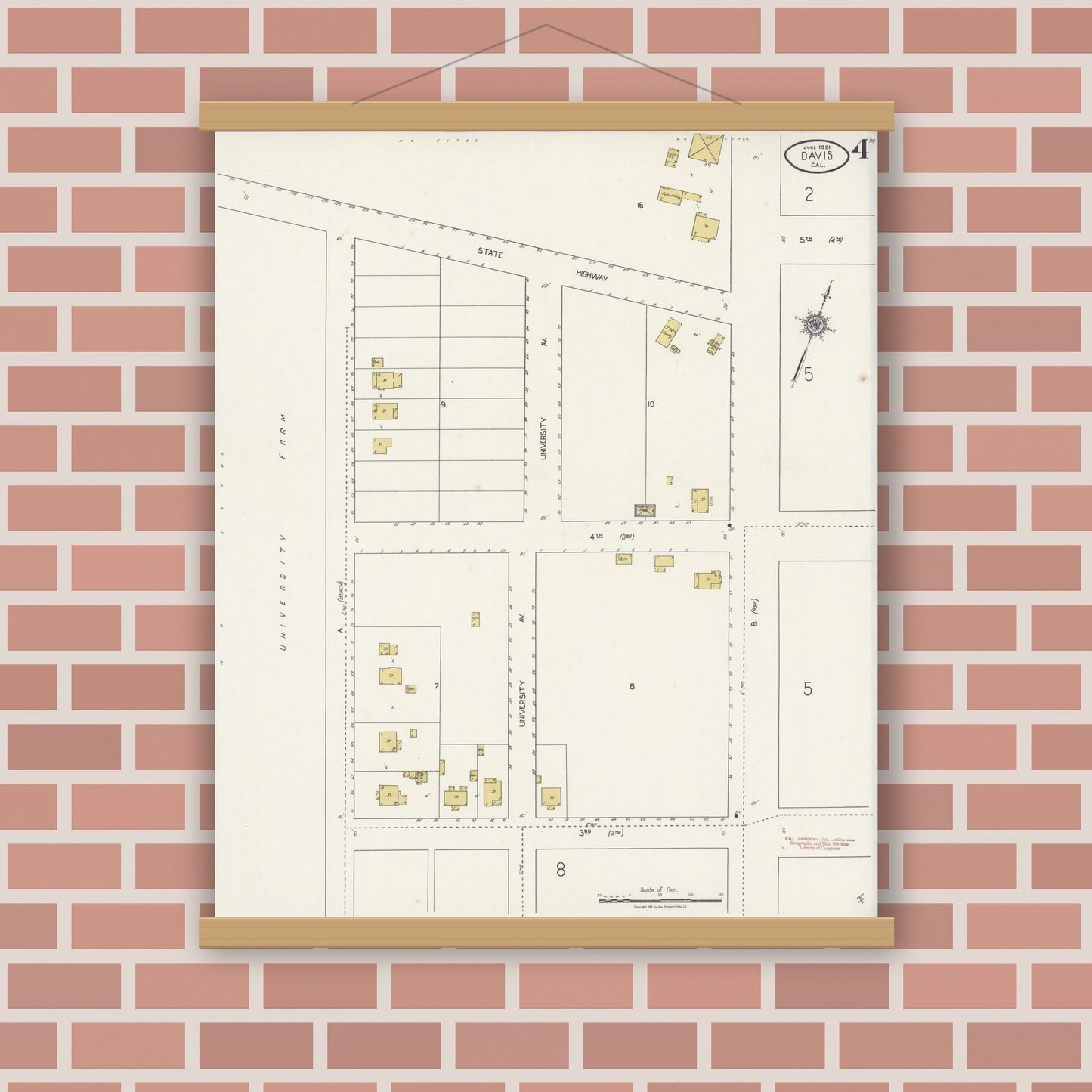 Old map wall art mockup — magnetic wood frame on brick wall — Sanborn Fire Insurance Map from Davis, Yolo County, California (1921), Sheet #0004