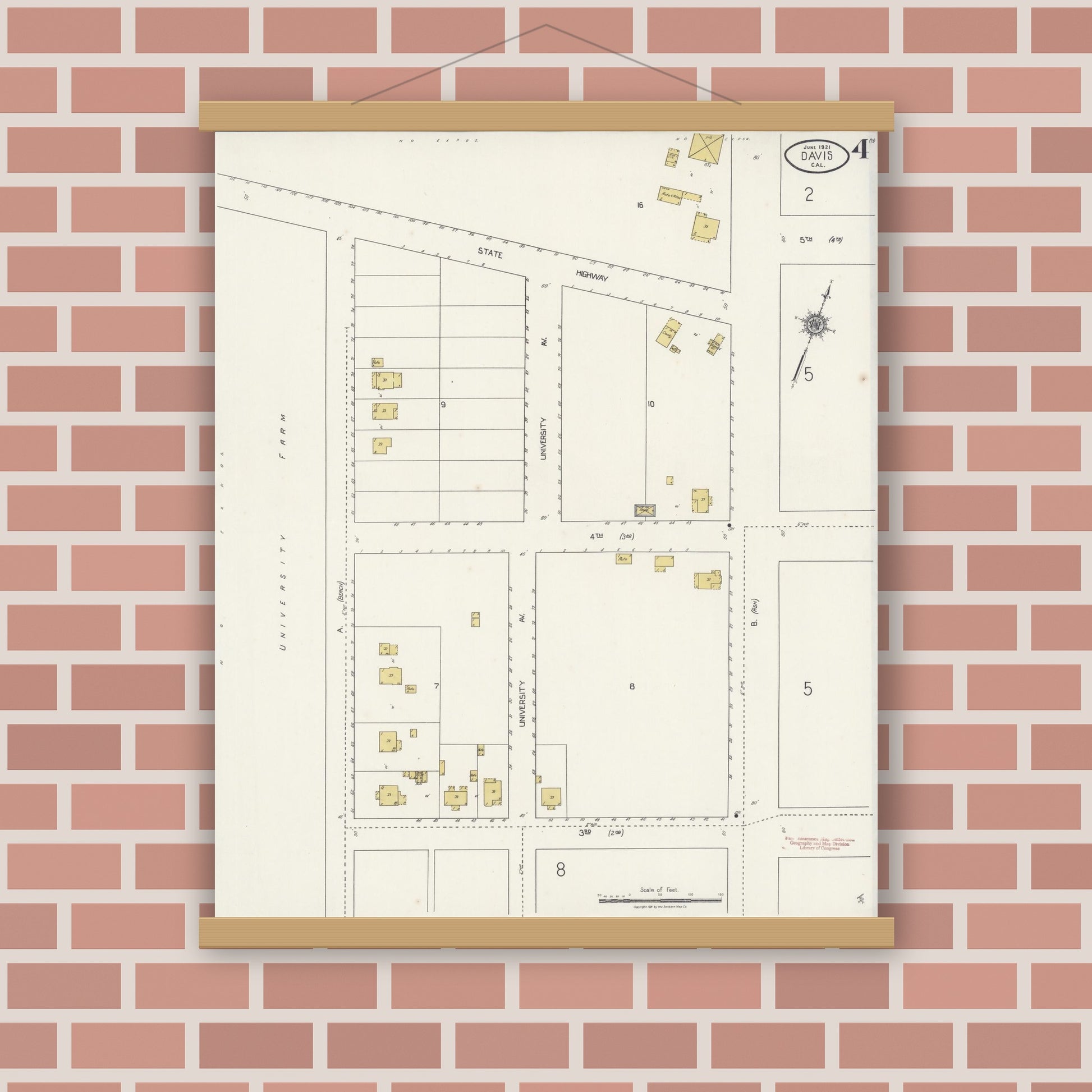 Old map wall art mockup — magnetic wood frame on brick wall — Sanborn Fire Insurance Map from Davis, Yolo County, California (1921), Sheet #0004