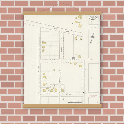 Old map wall art mockup — magnetic wood frame on brick wall — Sanborn Fire Insurance Map from Davis, Yolo County, California (1921), Sheet #0004