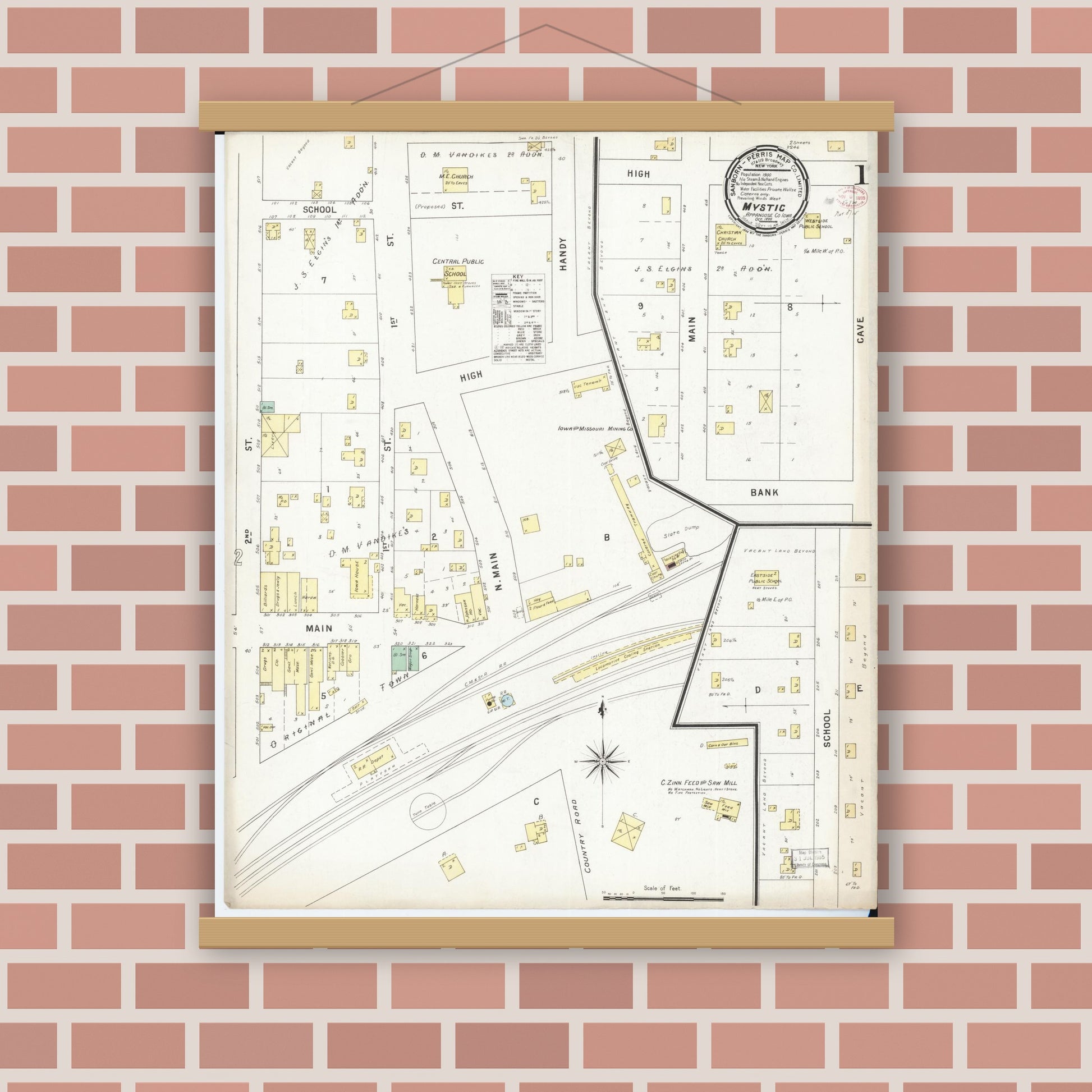 Old map wall art mockup — magnetic wood frame on brick wall — Sanborn Fire Insurance Map from Mystic, Appanoose County, Iowa (1895), Sheet #0001