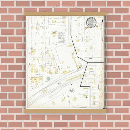 Old map wall art mockup — magnetic wood frame on brick wall — Sanborn Fire Insurance Map from Mystic, Appanoose County, Iowa (1895), Sheet #0001