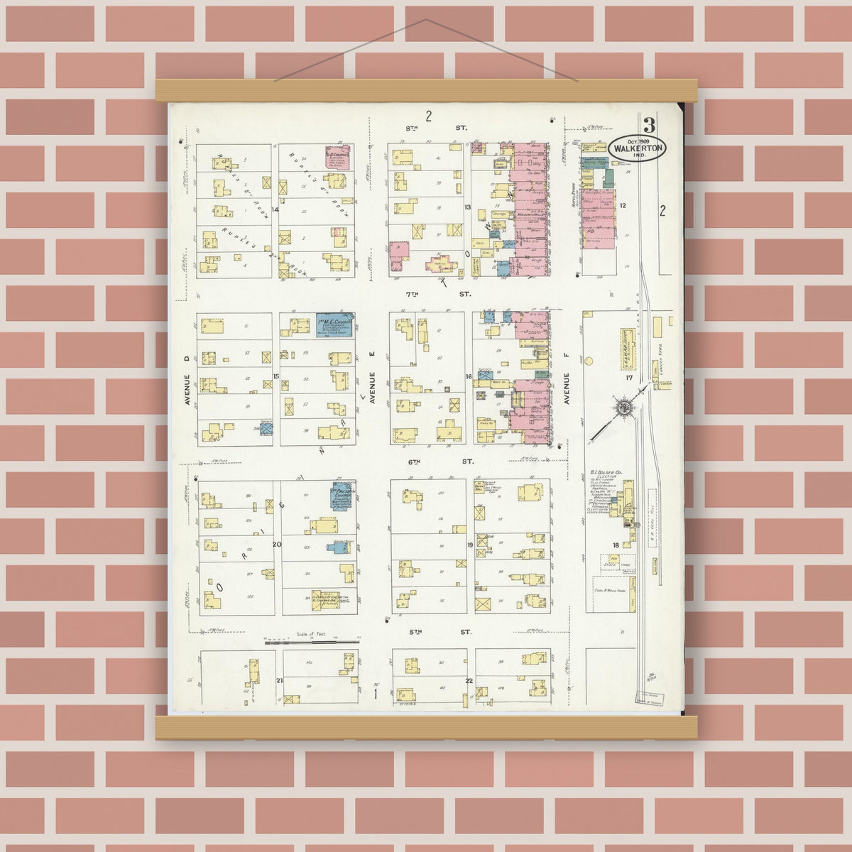 Old map wall art mockup — magnetic wood frame on brick wall — Sanborn Fire Insurance Map from Walkerton, Saint Joseph County, Indiana (1909), Sheet #0003