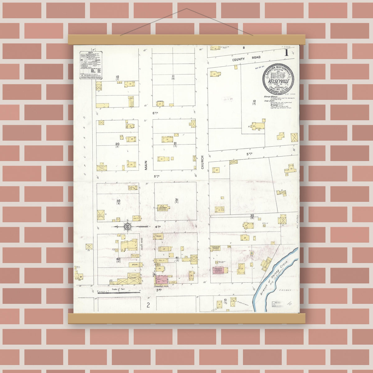 Old map wall art mockup — magnetic wood frame on brick wall — Sanborn Fire Insurance Map from Kelseyville, Lake County, California (1911) - Complete Map Set