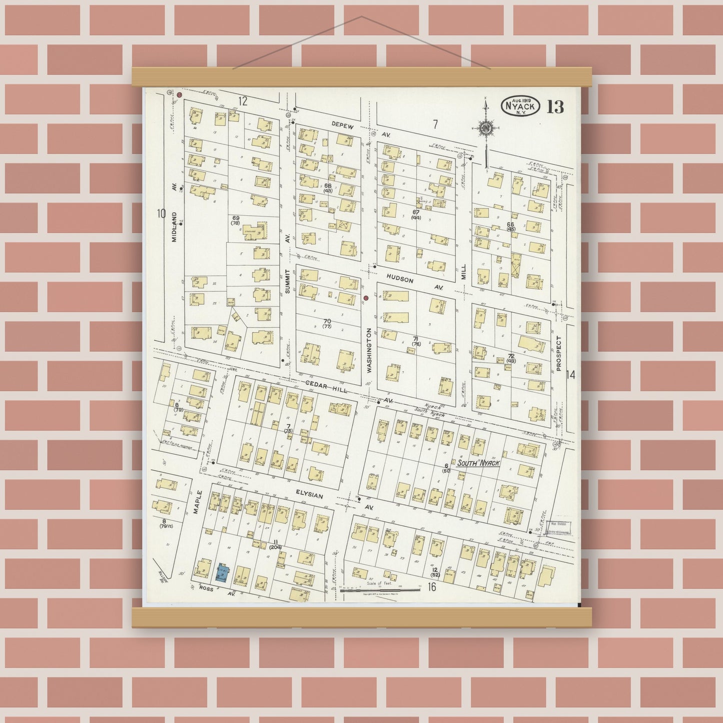 Old map wall art mockup — magnetic wood frame on brick wall — Sanborn Fire Insurance Map from Nyack, Rockland County, New York. (1919), Sheet #0013