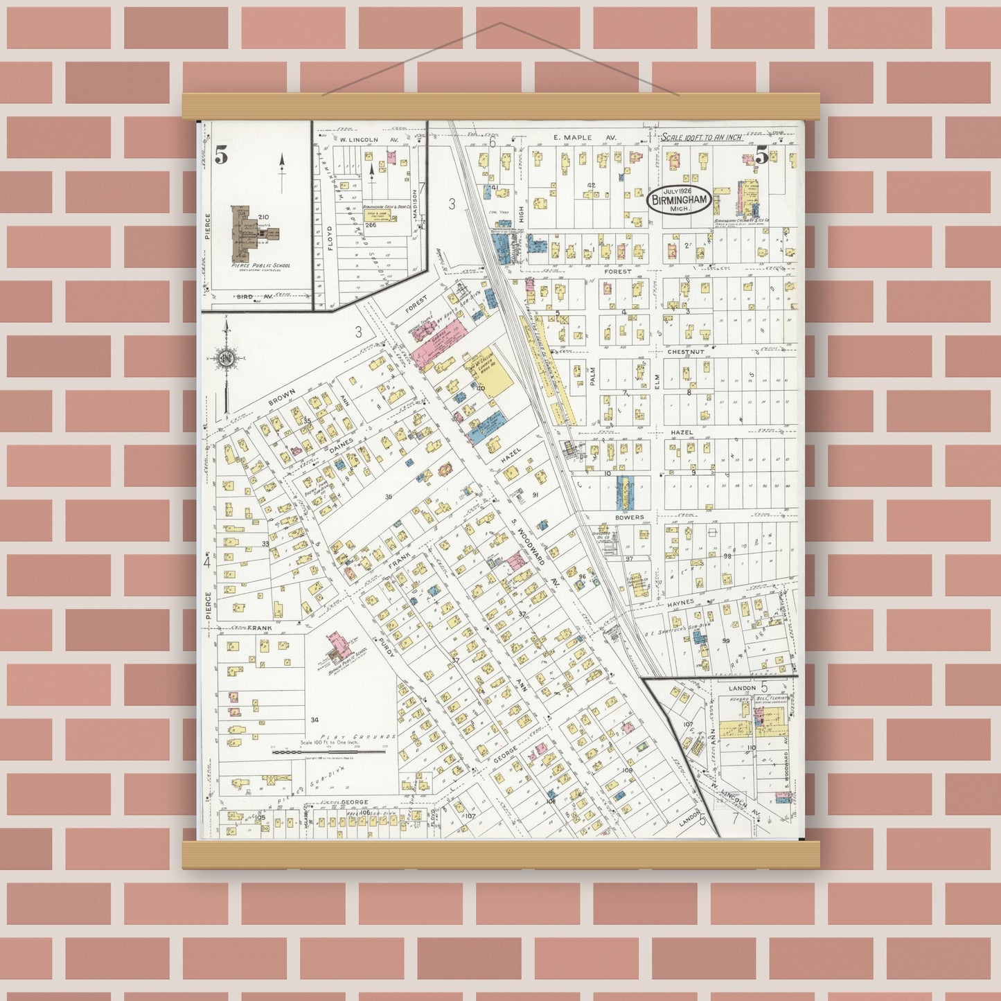 Old map wall art mockup — magnetic wood frame on brick wall — Sanborn Fire Insurance Map from Birmingham, Oakland County, Michigan (1926), Sheet #0005