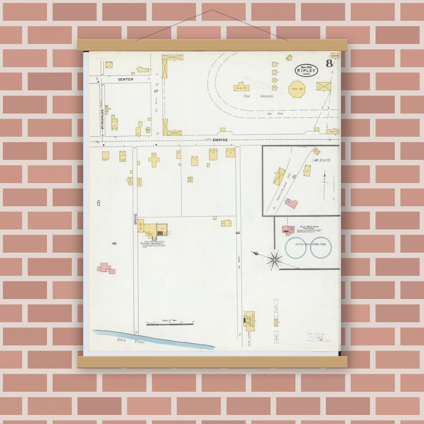 Old map wall art mockup — magnetic wood frame on brick wall — Sanborn Fire Insurance Map from Ripley, Brown County, Ohio (1904), Sheet #0008