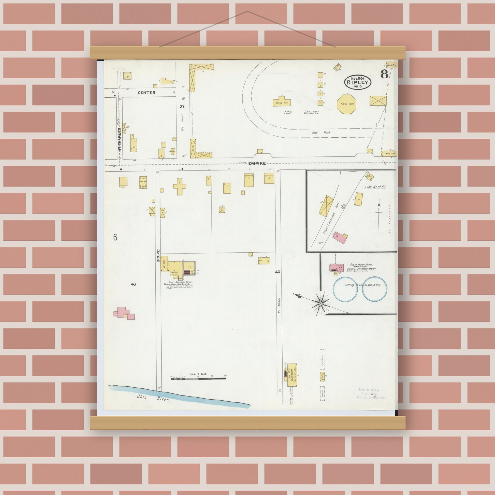 Old map wall art mockup — magnetic wood frame on brick wall — Sanborn Fire Insurance Map from Ripley, Brown County, Ohio (1904), Sheet #0008