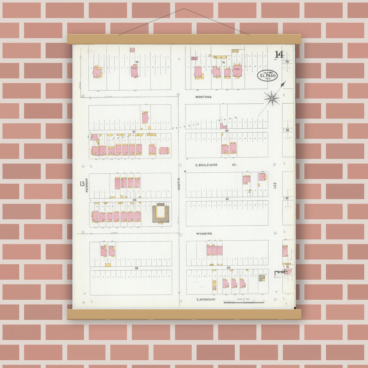 Old map wall art mockup — magnetic wood frame on brick wall — Sanborn Fire Insurance Map from El Paso, El Paso County, Texas (1905), Sheet #0014