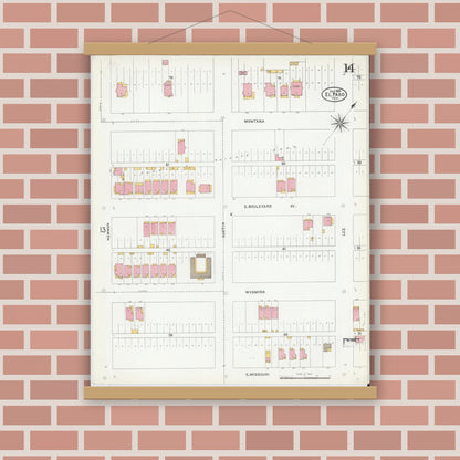 Old map wall art mockup — magnetic wood frame on brick wall — Sanborn Fire Insurance Map from El Paso, El Paso County, Texas (1905), Sheet #0014
