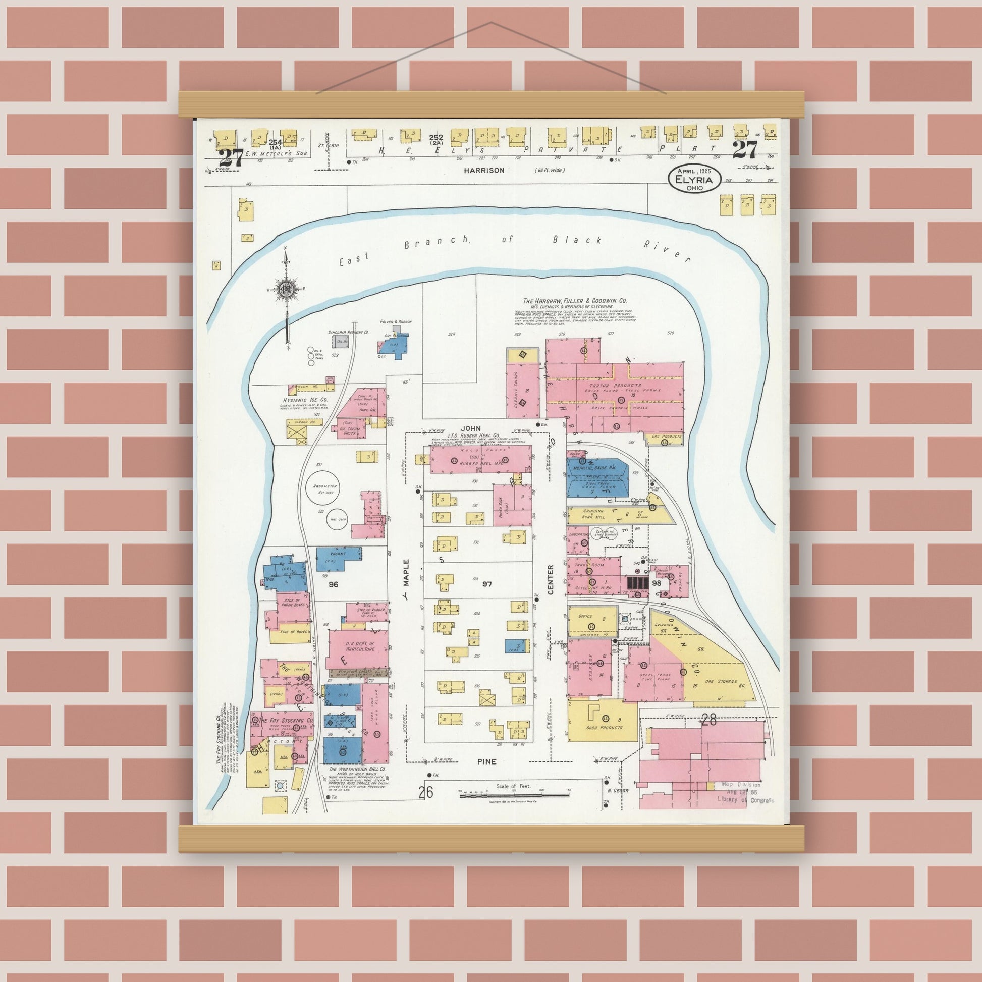 Old map wall art mockup — magnetic wood frame on brick wall — Sanborn Fire Insurance Map from Elyria, Lorain County, Ohio (1925), Sheet #0027