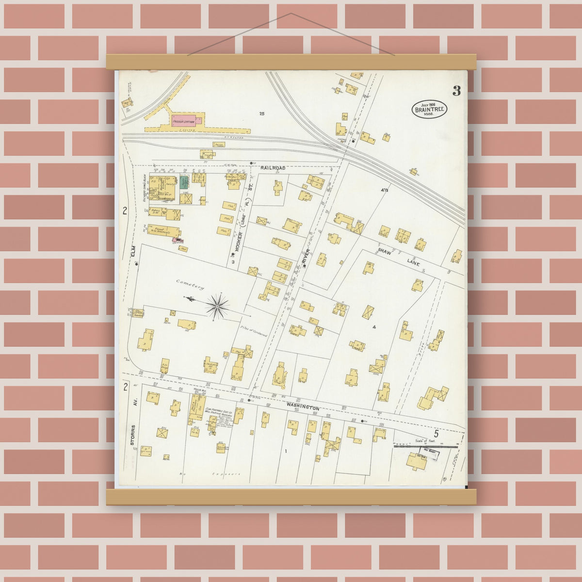 Old map wall art mockup — magnetic wood frame on brick wall — Sanborn Fire Insurance Map from Braintree, Norfolk County, Massachusetts (1906), Sheet #0003