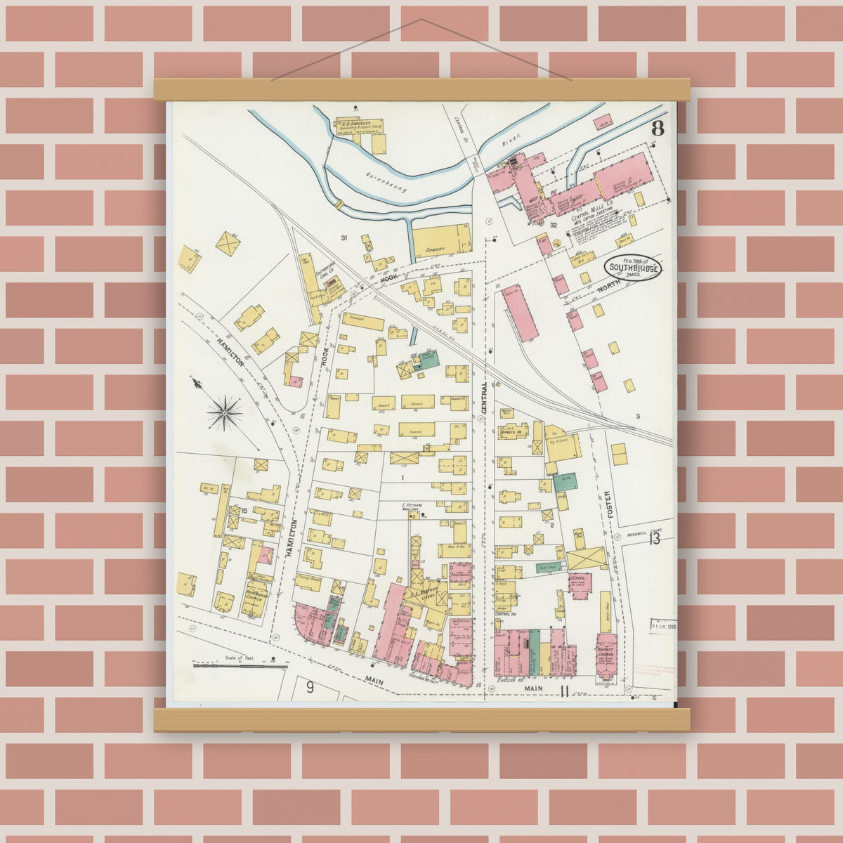 Old map wall art mockup — magnetic wood frame on brick wall — Sanborn Fire Insurance Map from Southbridge, Worcester County, Massachusetts (1904), Sheet #0008