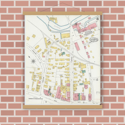 Old map wall art mockup — magnetic wood frame on brick wall — Sanborn Fire Insurance Map from Southbridge, Worcester County, Massachusetts (1904), Sheet #0008