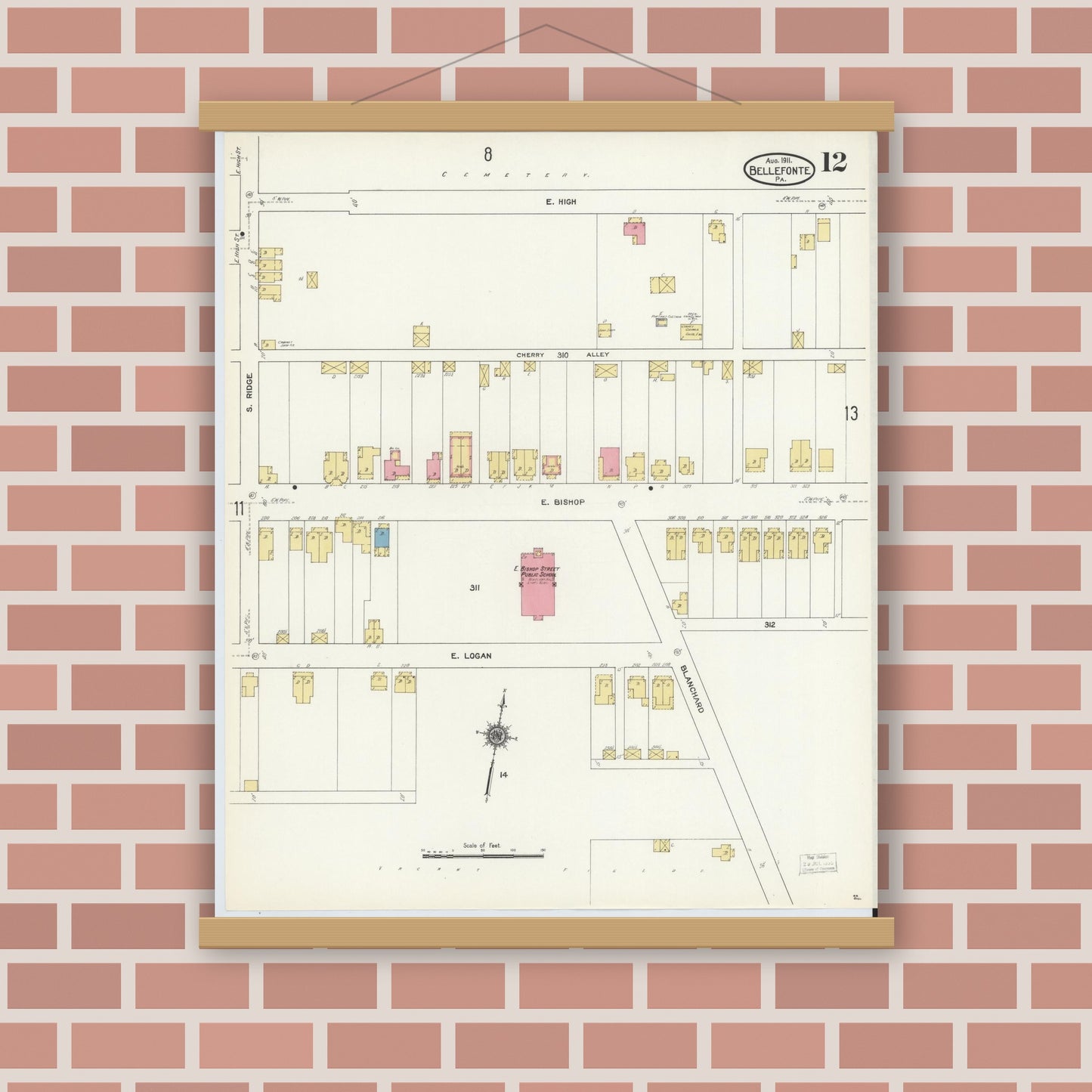 Old map wall art mockup — magnetic wood frame on brick wall — Sanborn Fire Insurance Map from Bellefonte, Centre County, Pennsylvania (1911), Sheet #0012