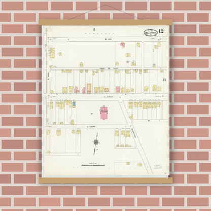 Old map wall art mockup — magnetic wood frame on brick wall — Sanborn Fire Insurance Map from Bellefonte, Centre County, Pennsylvania (1911), Sheet #0012