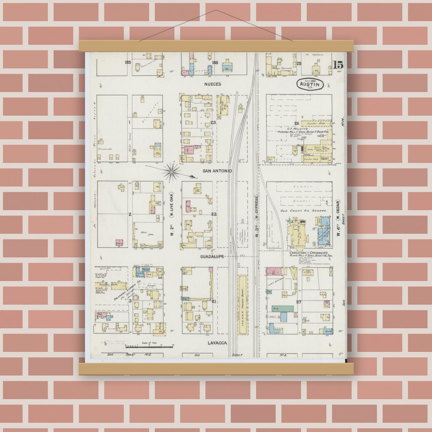 Old map wall art mockup — magnetic wood frame on brick wall — Sanborn Fire Insurance Map from Austin, Travis County, Texas (1889), Sheet #0015