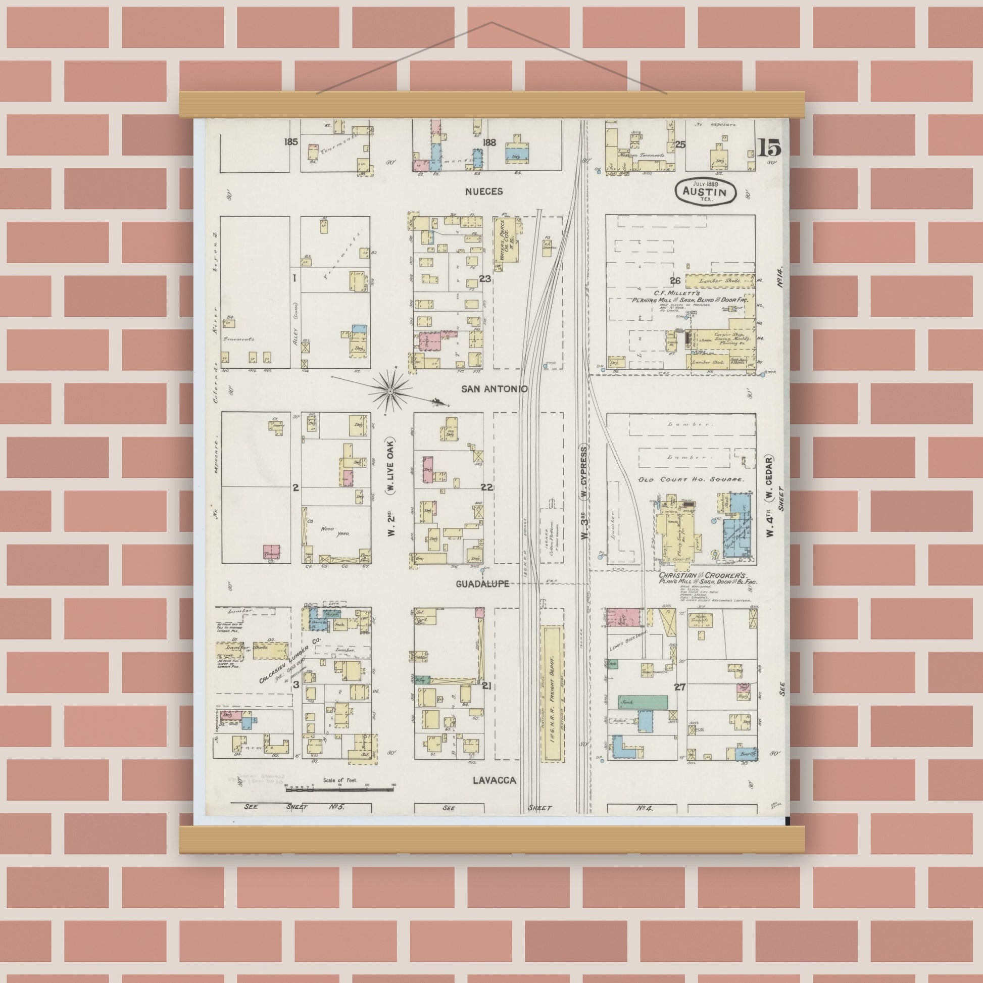 Old map wall art mockup — magnetic wood frame on brick wall — Sanborn Fire Insurance Map from Austin, Travis County, Texas (1889), Sheet #0015