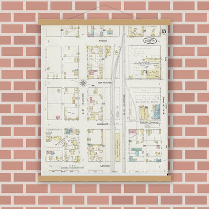 Old map wall art mockup — magnetic wood frame on brick wall — Sanborn Fire Insurance Map from Austin, Travis County, Texas (1889), Sheet #0015