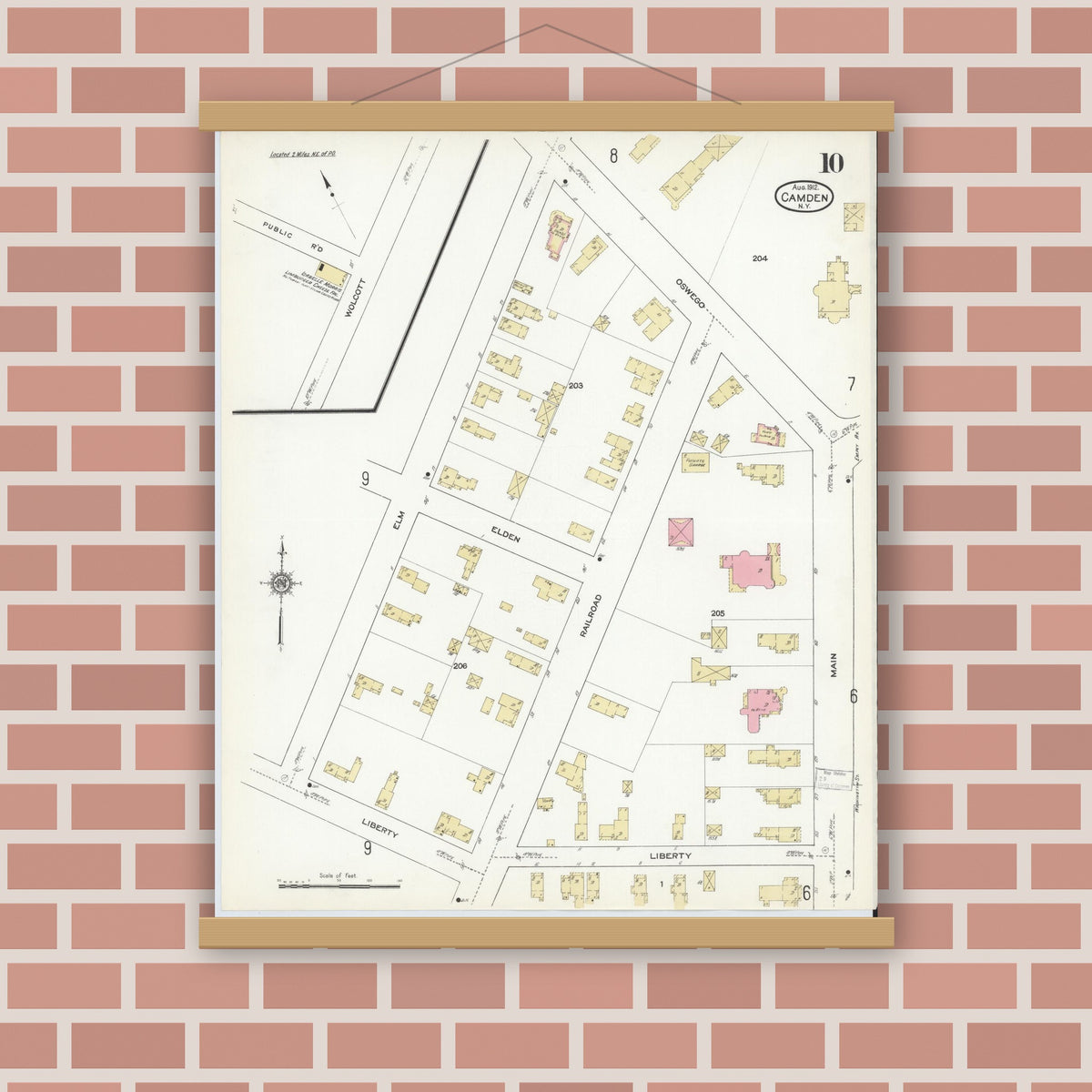 Old map wall art mockup — magnetic wood frame on brick wall — Sanborn Fire Insurance Map from Camden, Oneida County, New York (1912), Sheet #0010