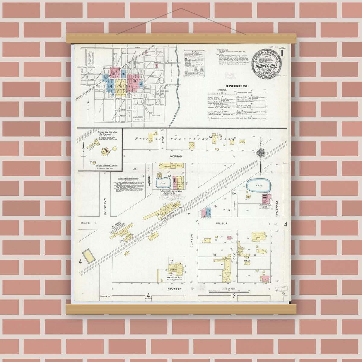 Old map wall art mockup — magnetic wood frame on brick wall — Sanborn Fire Insurance Map from Bunker Hill, Macoupin County, Illinois (1910) - Complete Map Set