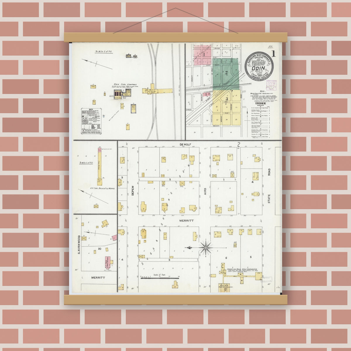 Old map wall art mockup — magnetic wood frame on brick wall — Sanborn Fire Insurance Map from Odin, Marion County, Illinois (1906), Sheet #0001