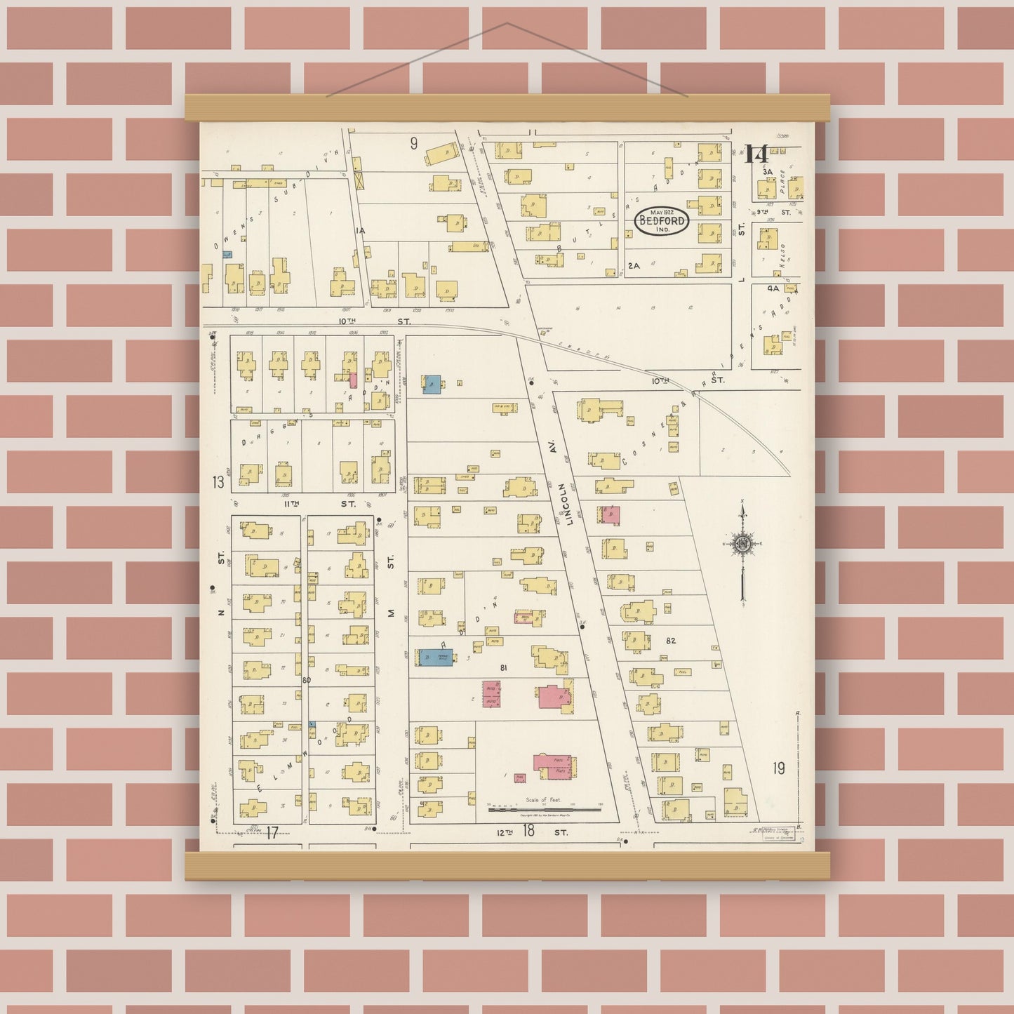 Old map wall art mockup — magnetic wood frame on brick wall — Sanborn Fire Insurance Map from Bedford, Lawrence County, Indiana (1922), Sheet #0014