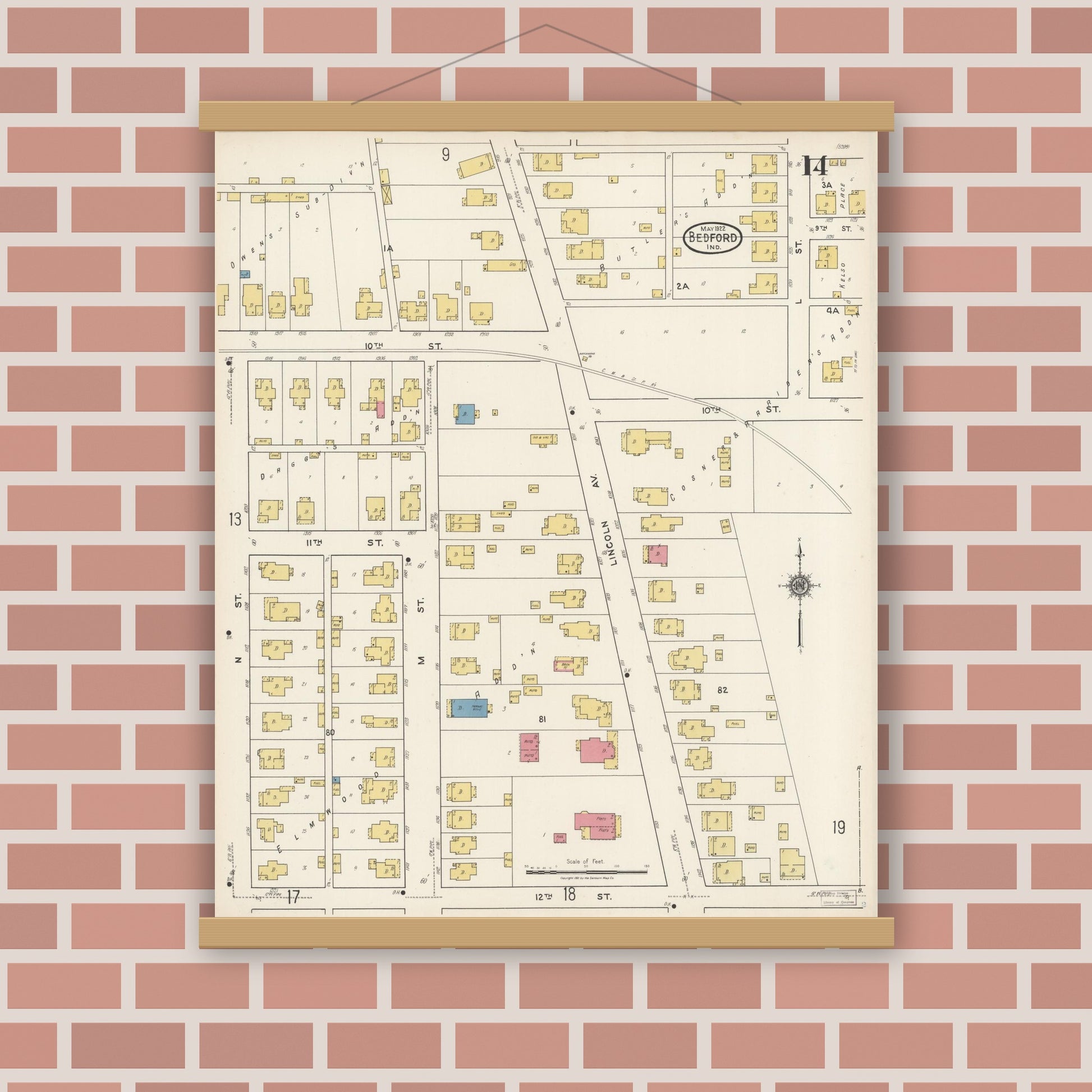 Old map wall art mockup — magnetic wood frame on brick wall — Sanborn Fire Insurance Map from Bedford, Lawrence County, Indiana (1922), Sheet #0014