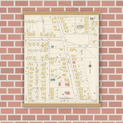 Old map wall art mockup — magnetic wood frame on brick wall — Sanborn Fire Insurance Map from Bedford, Lawrence County, Indiana (1922), Sheet #0014