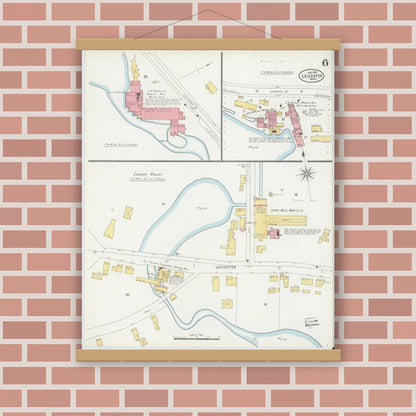 Old map wall art mockup — magnetic wood frame on brick wall — Sanborn Fire Insurance Map from Leicester, Worcester County, Massachusetts (1889), Sheet #0006