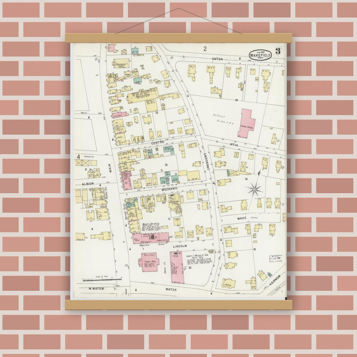 Old map wall art mockup — magnetic wood frame on brick wall — Sanborn Fire Insurance Map from Wakefield, Middlesex County, Massachusetts (1897), Sheet #0003
