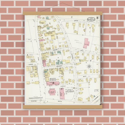 Old map wall art mockup — magnetic wood frame on brick wall — Sanborn Fire Insurance Map from Wakefield, Middlesex County, Massachusetts (1897), Sheet #0003
